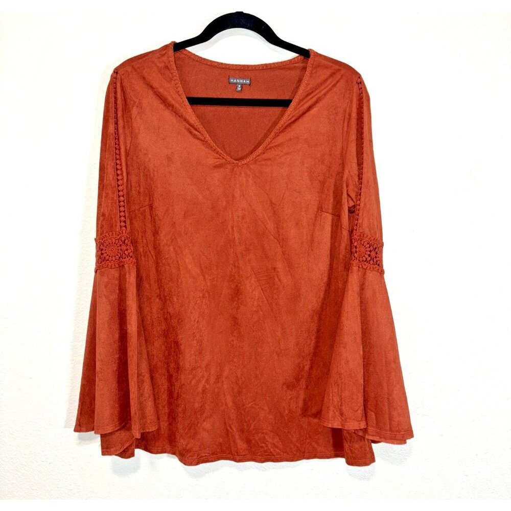 Hannah Faux Suede Peasant Top Crochet Detail Bell Sleeve Blouse M Rustic Orange